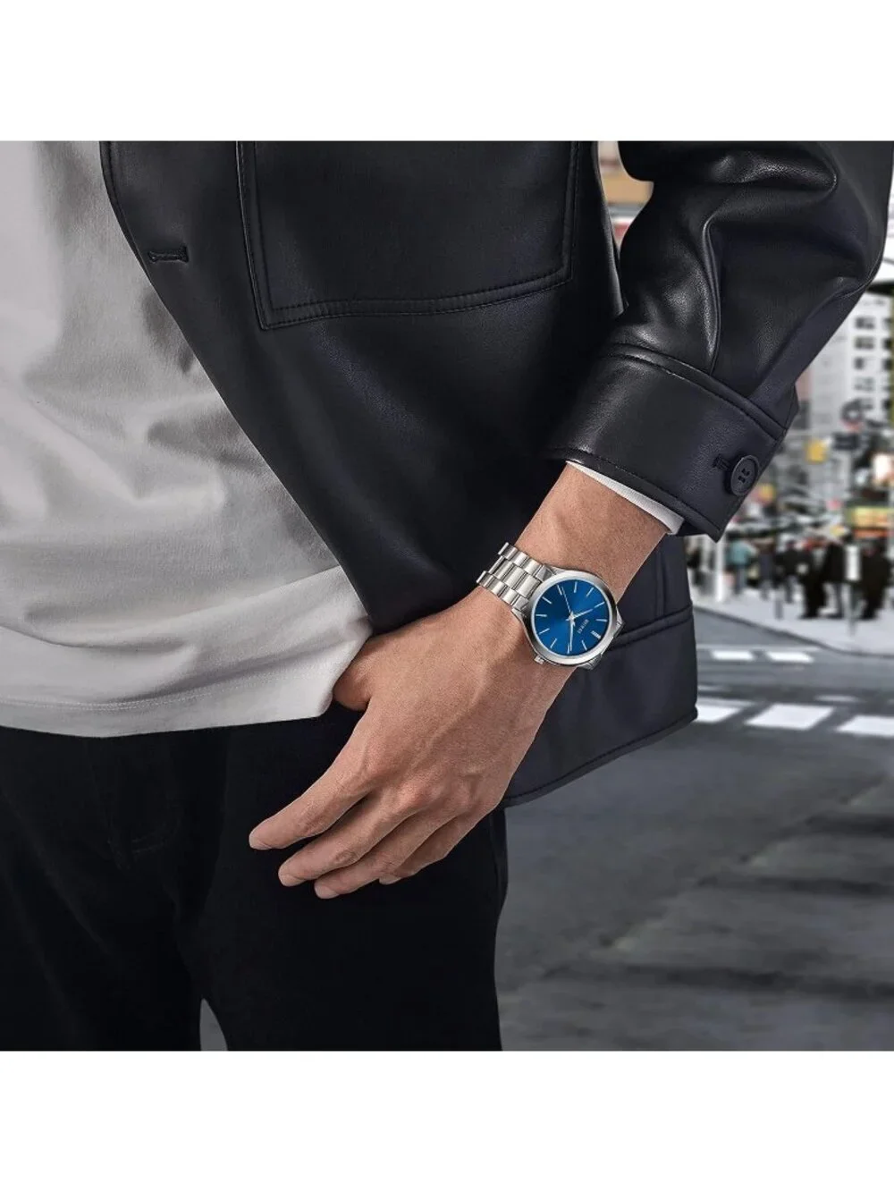 Men's Silver Blue Analog Quartz Stainless Steel Waterproof Round Luxury Watch